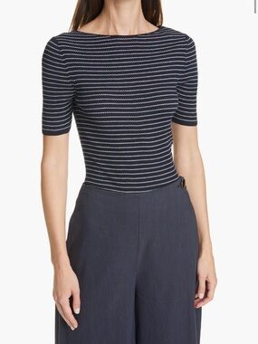 Vince Ribbed Striped Navy and White Top